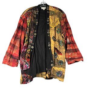 Zell Ucci One Size Lagenlook Wearable Art Batik Jacket Beads Gypsy Hippie‎ Boho